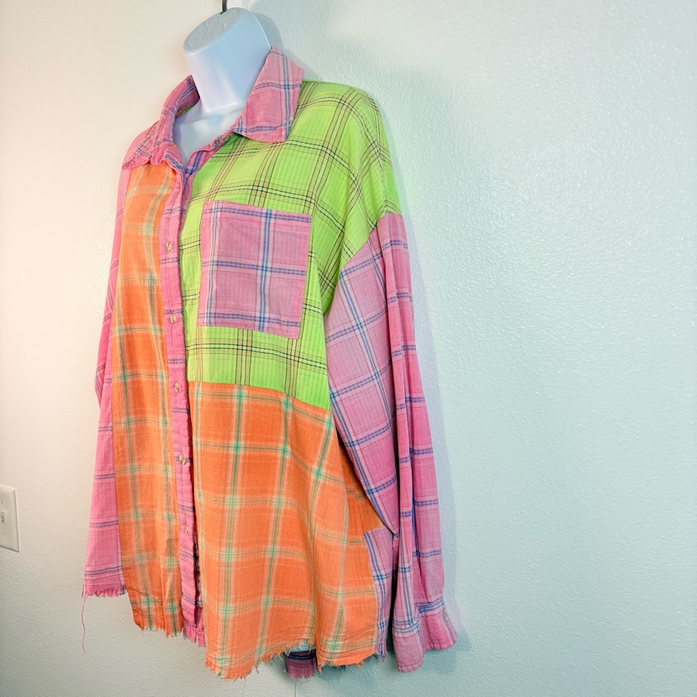 BiBi Patchwork Plaid Button Down Long Sleeve Raw … - image 2